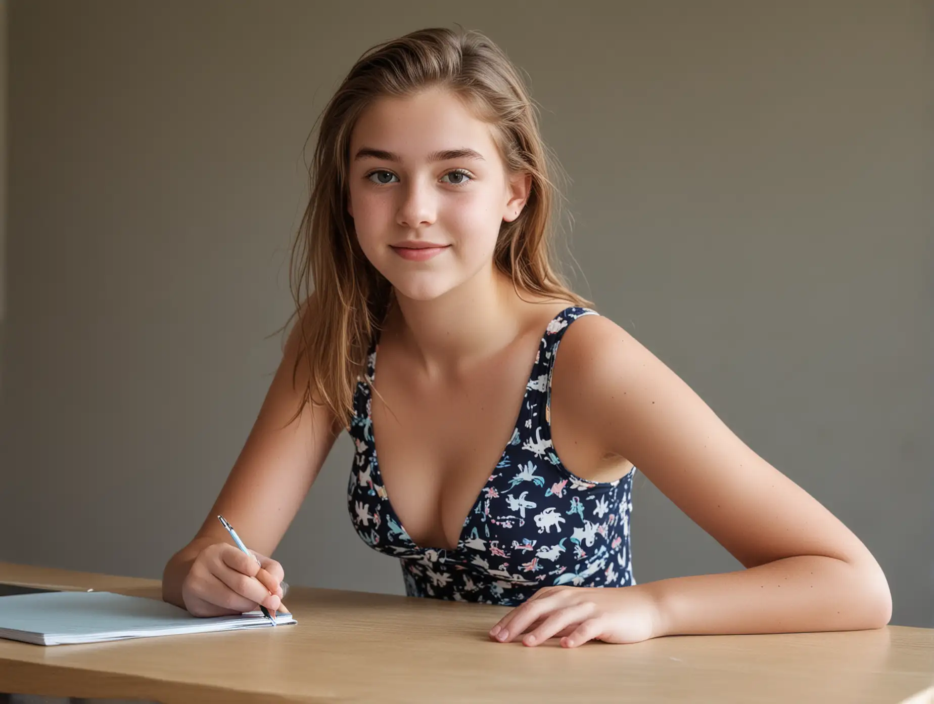 16YearOld-Girl-in-Swimsuit-Sitting-at-Desk