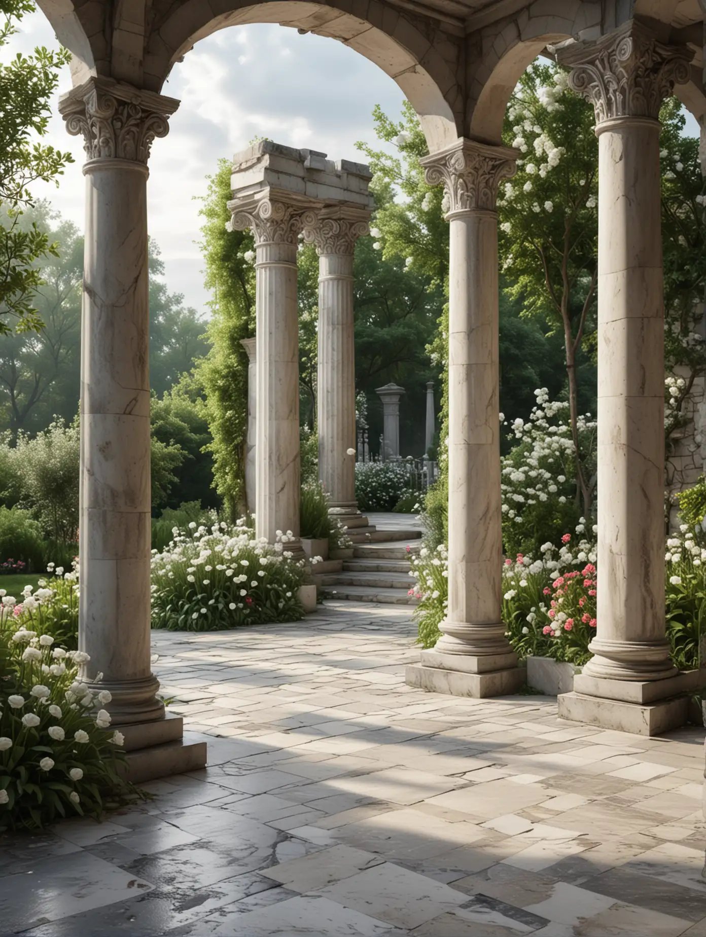 Digital Stone Terrace with Blooming Garden View