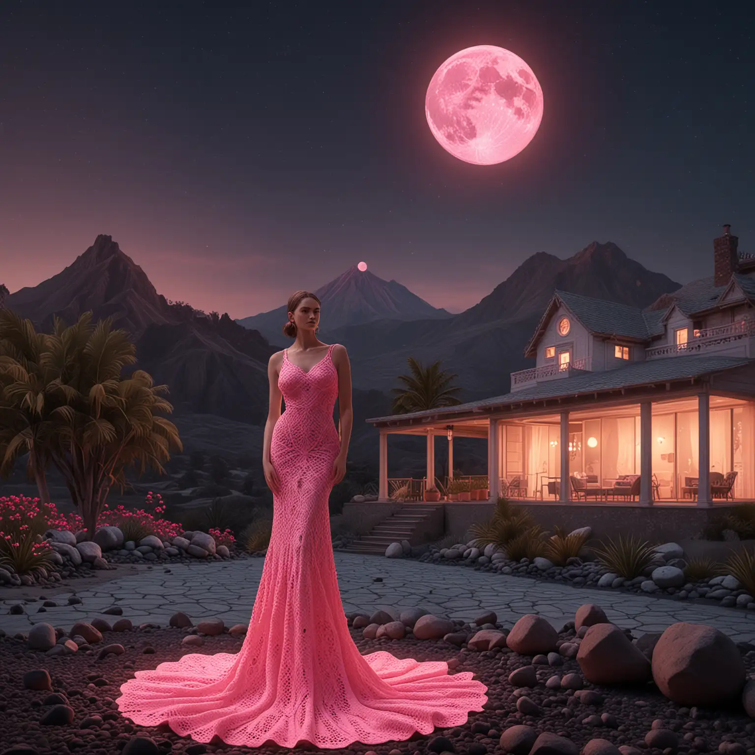 3d 8k minimal realstic illustrator minimal woman beside the volcano in stunning california villa wearing amazing digital light stunning crochet dress with digital light and pink moon with highlight at the midnight