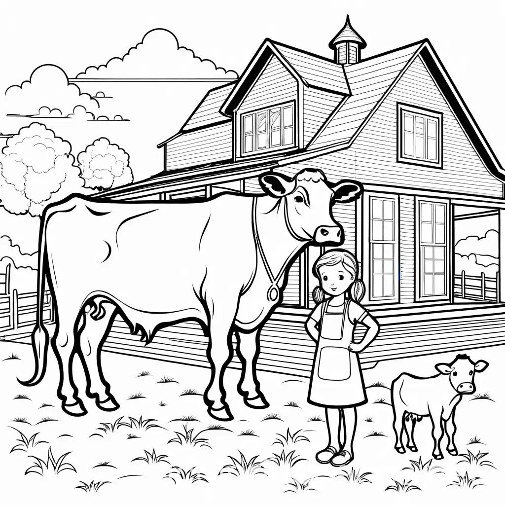 Little-Girl-and-Cow-Coloring-Page-Farmhouse-Background