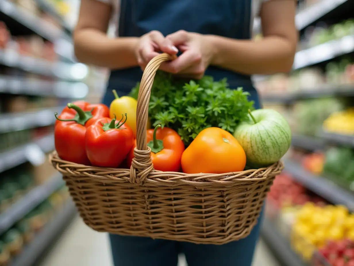 Person-Holding-Basket-of-Fresh-Vegetables-and-Fruits-in-Grocery-Store