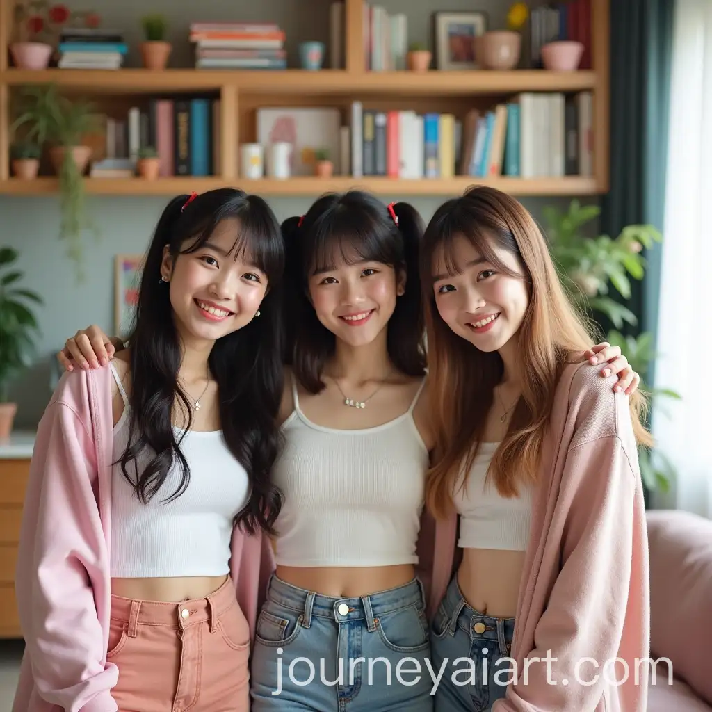 Three-Young-Asian-University-Students-in-Cozy-Shared-Apartment-with-Playful-Attire-and-Quirky-Decor