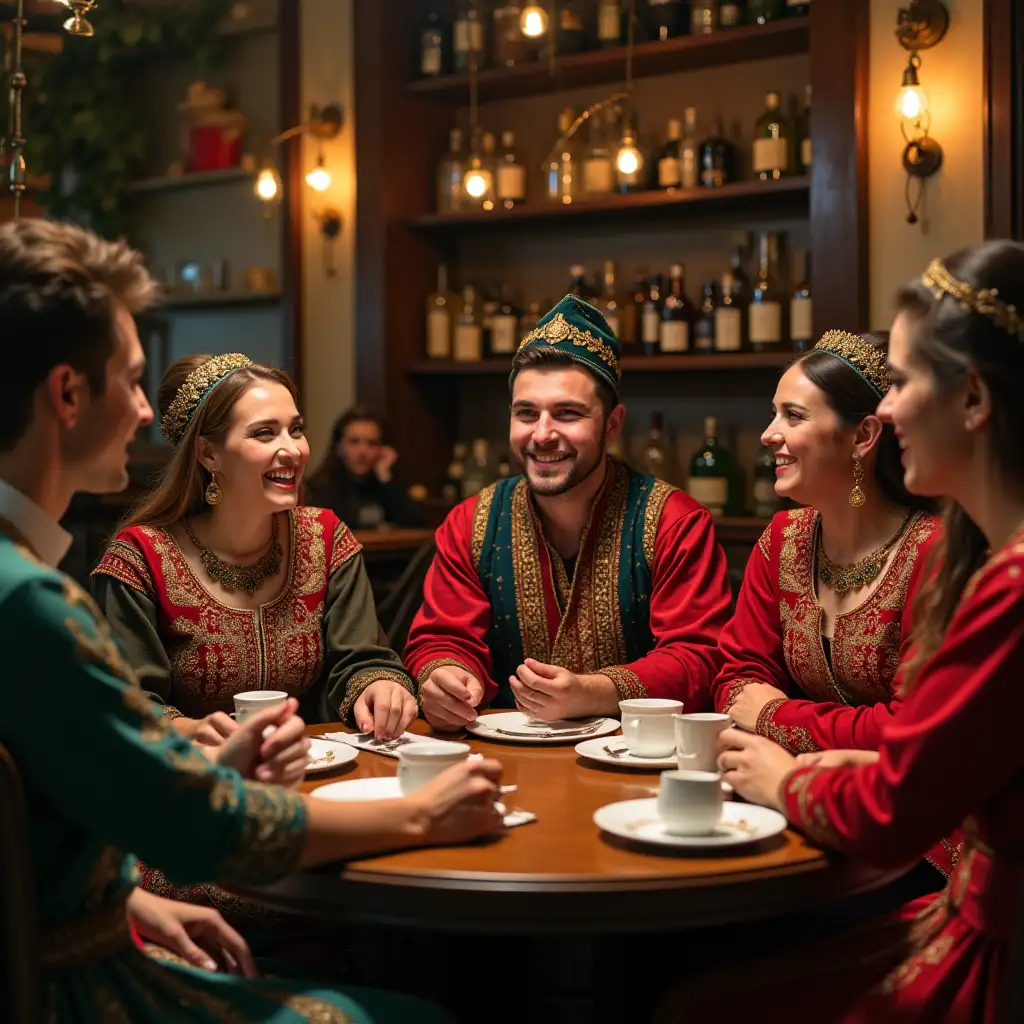 create an image of a group of people in Turkmen traditional dresses. sitting, laughing and playing the quiz game in the coffeshop and put on the table caps of coffee add on their table sheets pens and more fun on their face please research Turkmen traditional costumes do not confuse with Turkish dresses male and female