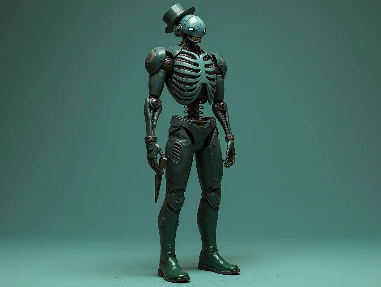 Create a high-resolution, realistic image of a robot with a skeletal body blue eyes, green leather boots and head a fashion training suit,and a knife  a top hat in 4K resolution