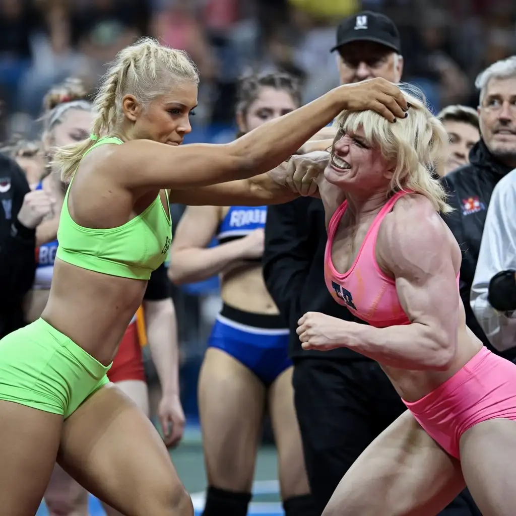 Two beautiful sexy  female wrestlers   clash on a field.The blonde, clad in a neon green two piece suit ,grips the other blondes' head, clad in a neon pink two piece suit, with her left hand, landing a powerful punch with her right. Meanwhile, the other blonde retaliates, holding the blonde's head with her right hand and delivering a forceful blow with her left. All around them, other athletes watch,cheering. pretty faces, matted hair