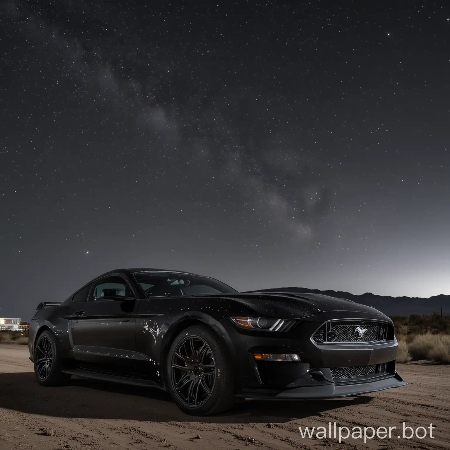 black sky with stars and a mustang gt car