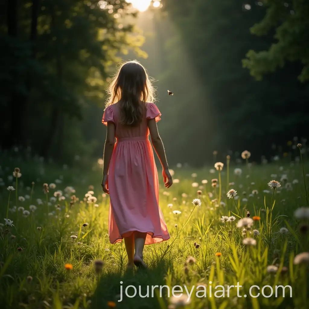 Young-Girl-in-Pink-Dress-Walking-Towards-Camera-on-Green-Lawn-with-Flowers-and-Bees