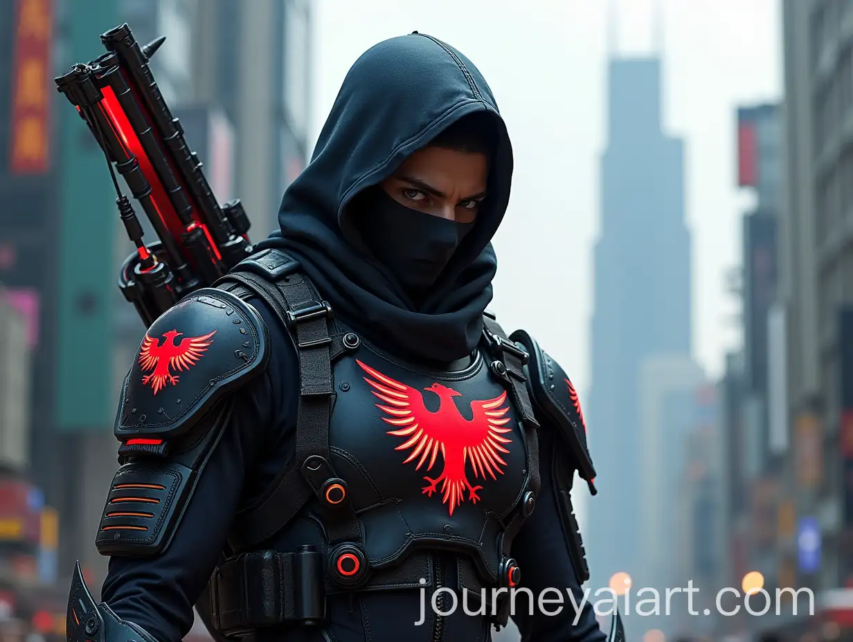 Futuristic-Ninja-with-Albanian-Eagle-Insignia-and-Neon-Red-Accents-in-Urban-Setting