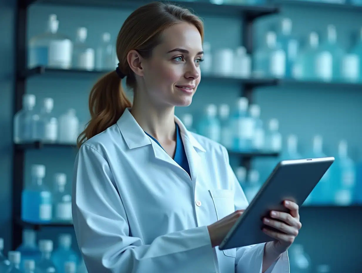 Laboratory, woman scientist and tablet for medical research, diagnosis and results with tech. Female biologist, connection and online info for reading, analysis and digital review for problem solving