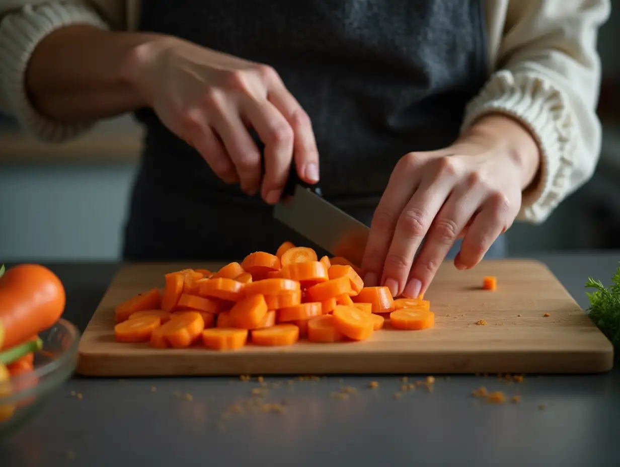 Woman-Peeling-Fresh-Carrot-at-Dark-Gray-Kitchen-Table