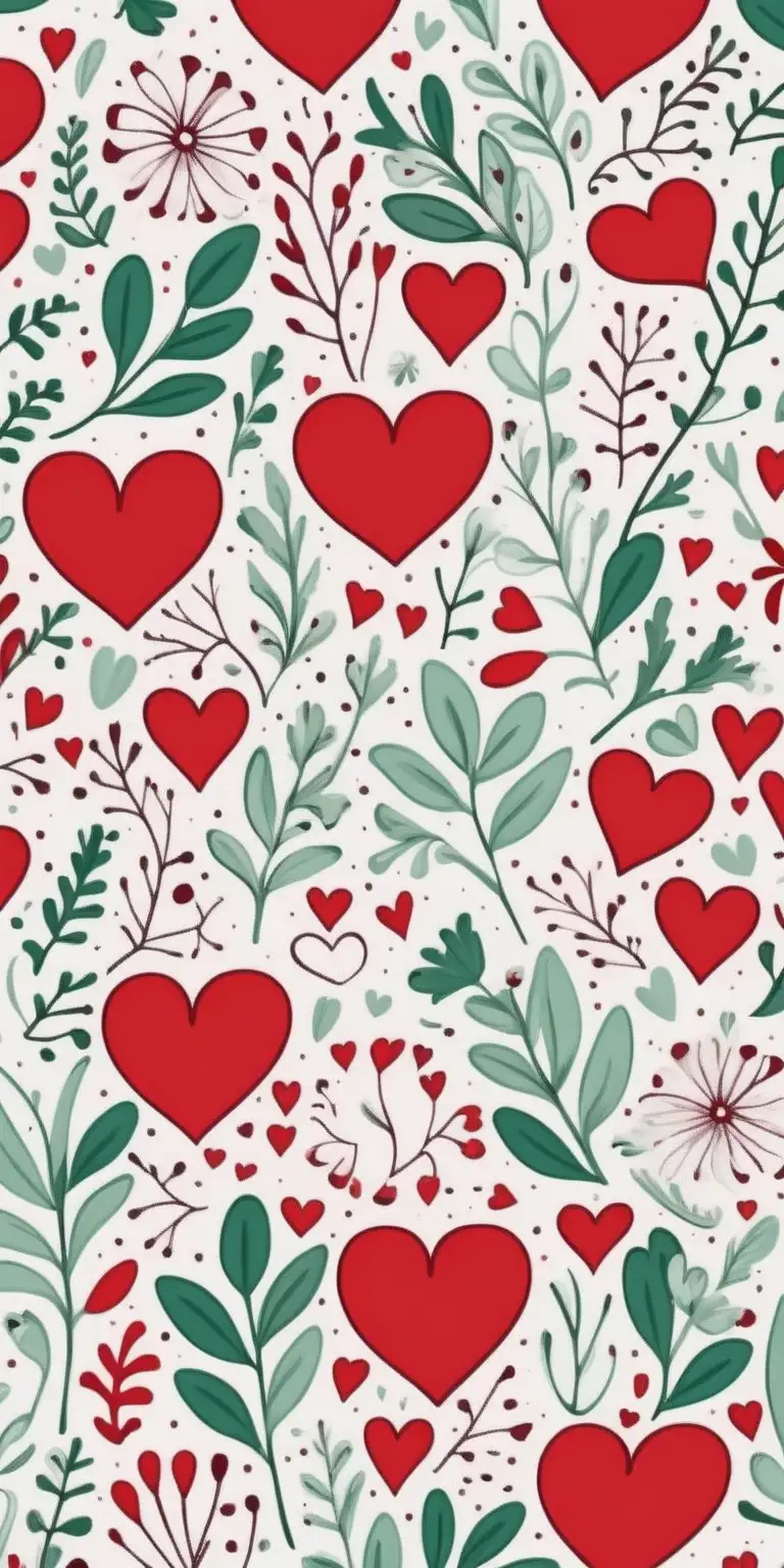 Colorful Floral Doodle Pattern with Red White and Green Hearts