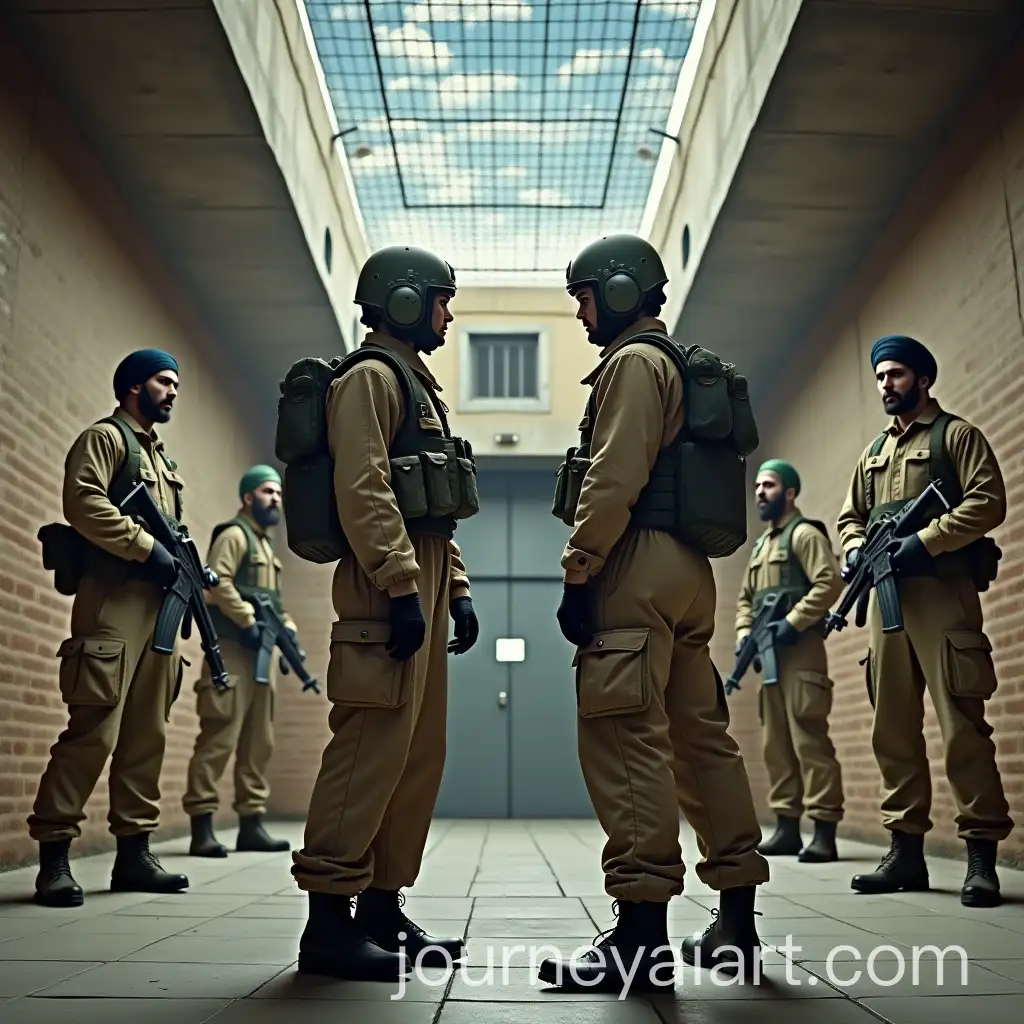 Sad-Female-Military-Pilots-Captured-in-Prison-Cell-Staring-at-Hostile-Armed-Guards