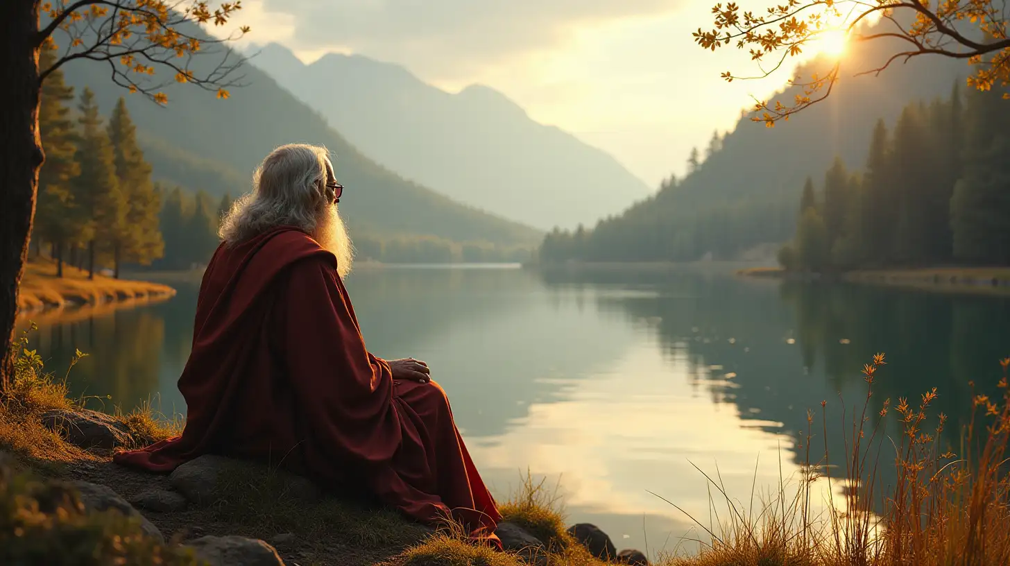 Biblical Era Wise Old Man Sitting by Lake View