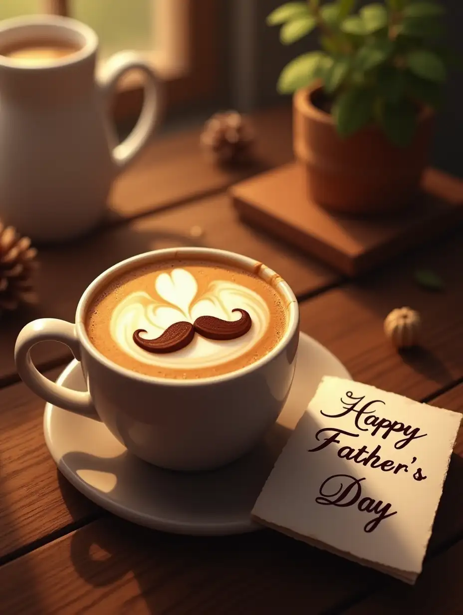 A Father's Day-themed digital illustration. A cup of coffee viewed from a slightly elevated angle, with foam art in the shape of a mustache. The scene is warm and inviting, set on a rustic wooden table, softly lit by natural light. Beside the cup, a small handwritten note reads 'Happy Father's Day' in elegant script. The composition emphasizes a cozy and celebratory atmosphere, with a focus on the intricate coffee foam art and minimalistic, complementary decorations around the cup