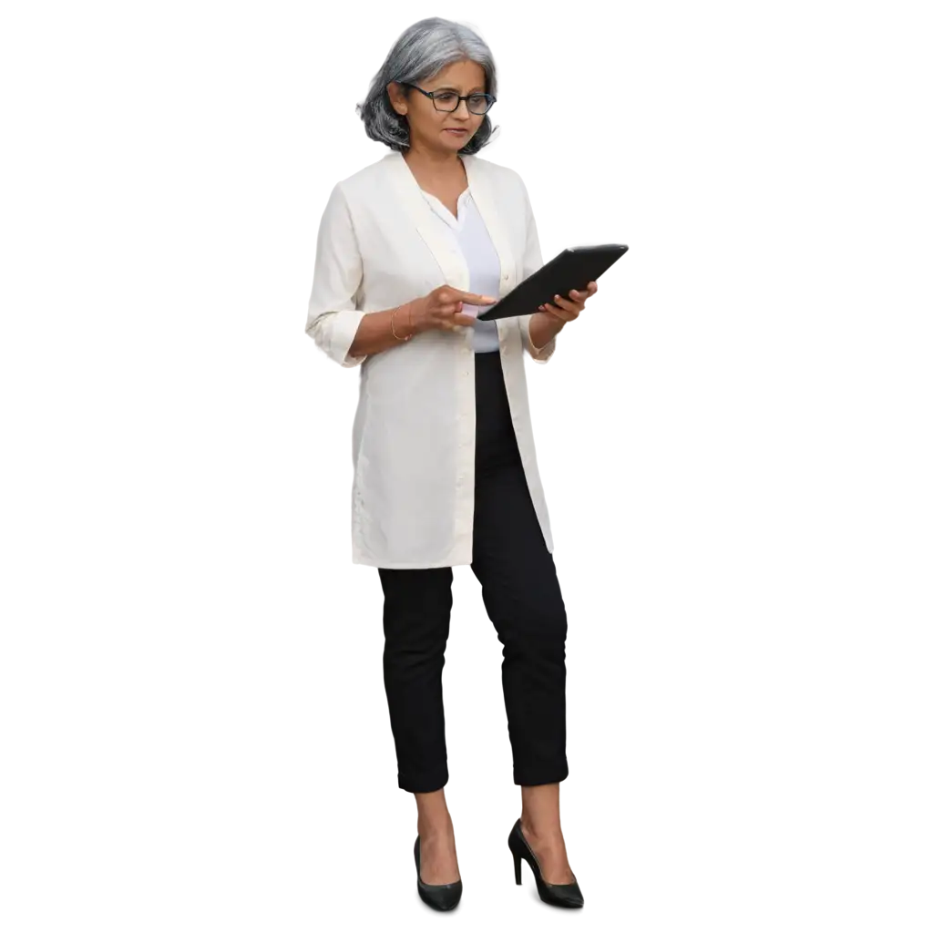 Indian woman 50 year old with grey hair, wearing black pants and a white kurta, and gold rimmed square glasses, holding an ipad and reading an ebook.