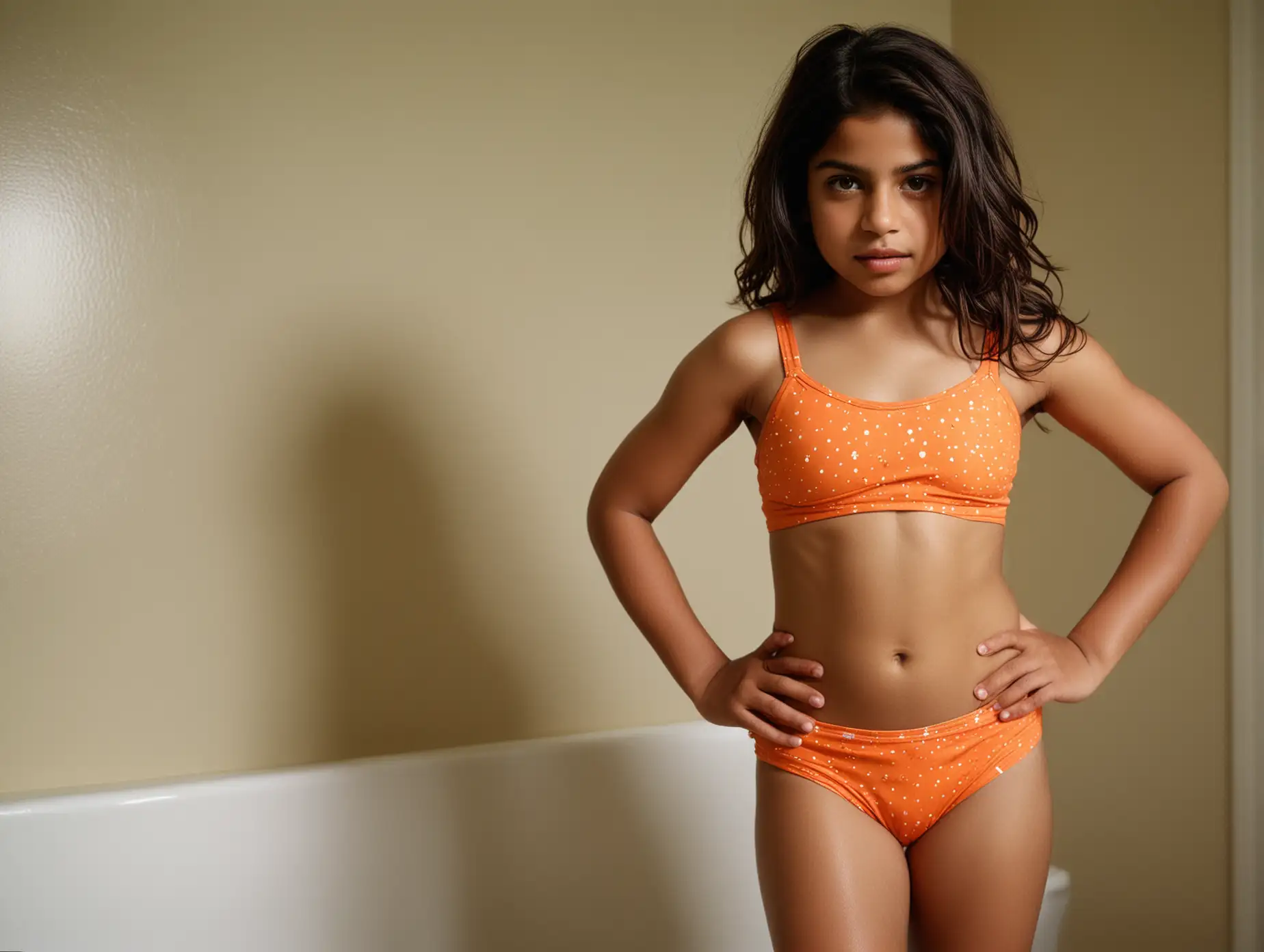 (full body shot:1.2), (12 year-old South Asian Indian girl in bathroom:1.13) (long dark hair:1.02), (detailed orange Claire's girls two-piece swimsuit:1.11), (stomach visible:1.18), serious smile, (eczema:0.7), (sub-surface scattering:1.55), (sweat:1.02), (freckles:0.25), highly detailed skin, (Acne:0.5), (young priyanka chopra:1.18), (Tanvi Lonkar:1.1), perfect eyes, no makeup. (skin pores:1.05), 12 year-old girl, ultra detailed skin, film grain, Canon 14 megapixel camera, flash on, bad lighting, slightly grainy, style of Sally Mann, full color photograph