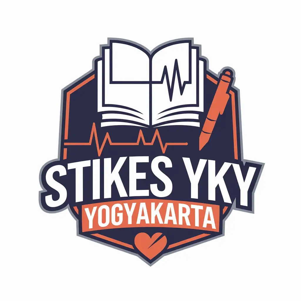 a vector logo design,with the text "STIKES YKY YOGYAKARTA", main symbol:book, pen, health,Moderate,clear background