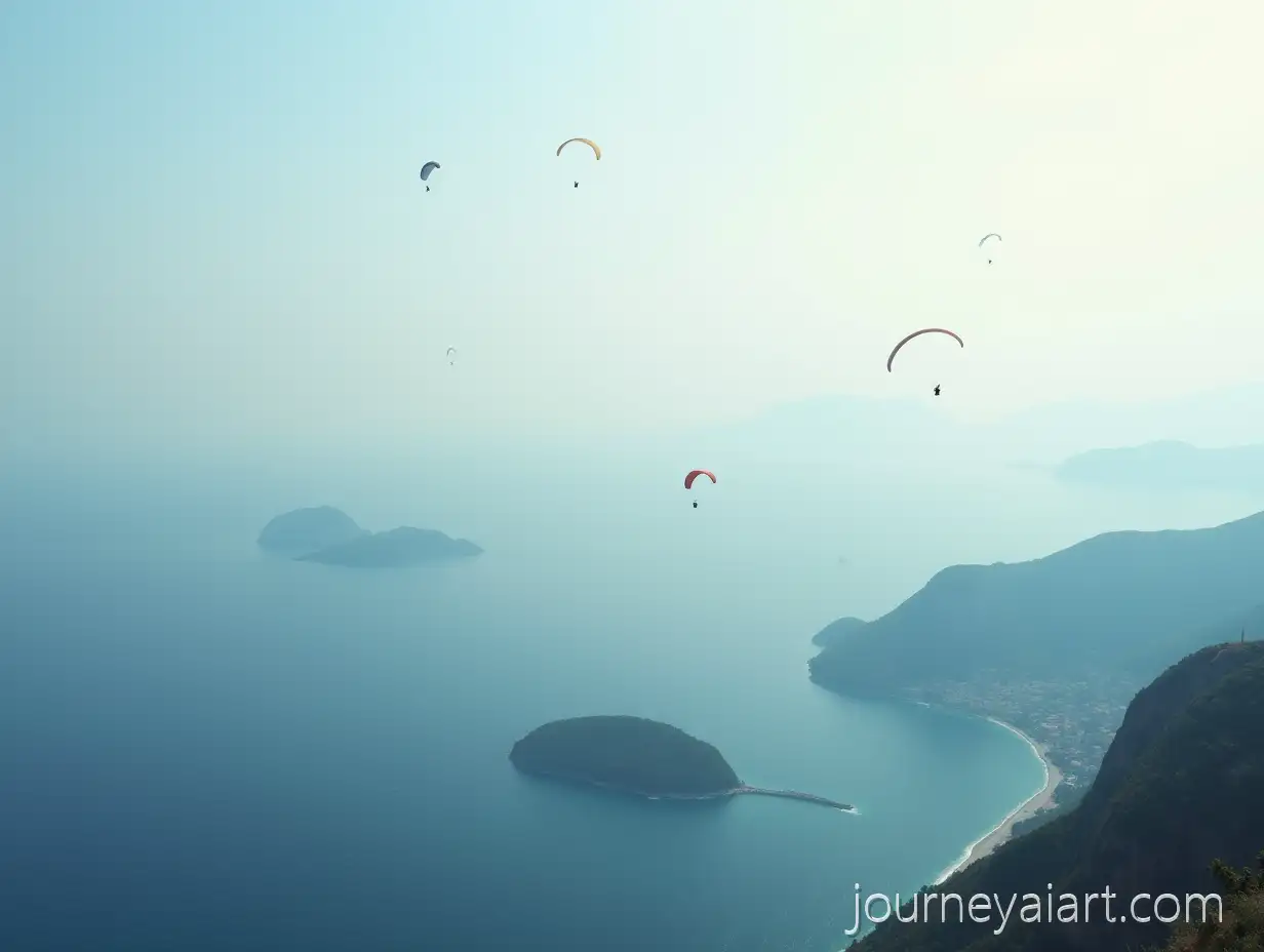 Scenic-Mediterranean-Coast-of-Turkey-withMediterranean-Coast-with-Paragliders-Foggy-Islands-and-Paragliders-in-the-Sky