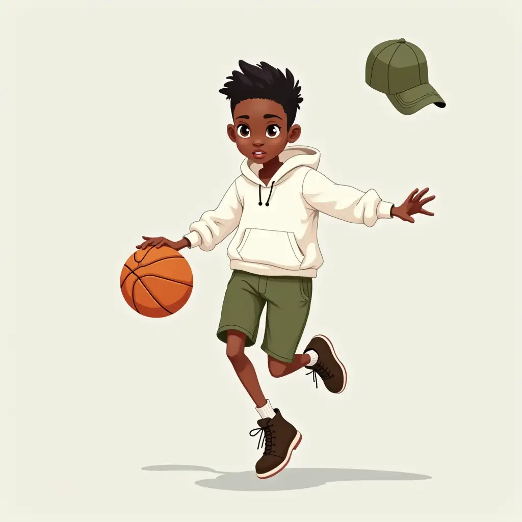 Full shot of a cartoon illustration of a young Black female basketball player in mid-action. The player is depicted in a dynamic pose, dribbling a basketball. She wears a white hoodie sweatshirt, olive green shorts, and dark brown, high-top boots. Her hair is styled short like boy cut, and her expression is focused, suggesting intense concentration while playing. One hand is reaching out to control the basketball and the other hand is on the side of the ball, and his lower body is bent with one leg slightly forward, indicating movement. A green baseball cap , floating in the air. The background is a light gray, neutral, providing a simple backdrop that focuses attention on the figure of the player in motion.