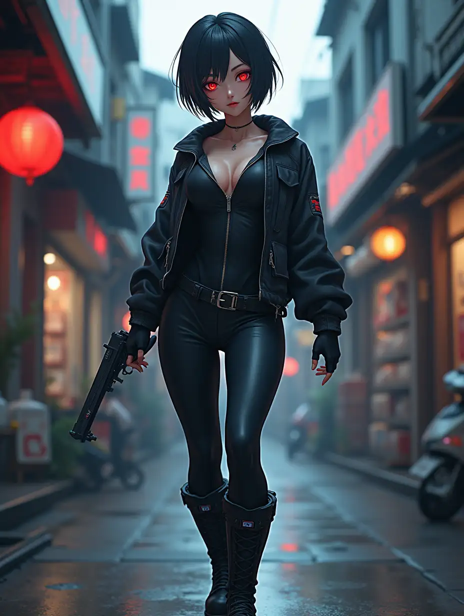 Short hair, mature Asian woman thief cyber runner in a dynamic full-length pose, eyes with red electronic pupils, large breast, extreme skintight body glove zipped down with cleavage, combat boots and combat belt. Full view of her body from boots up, low wide angle. Future store filled city alley street. Anime