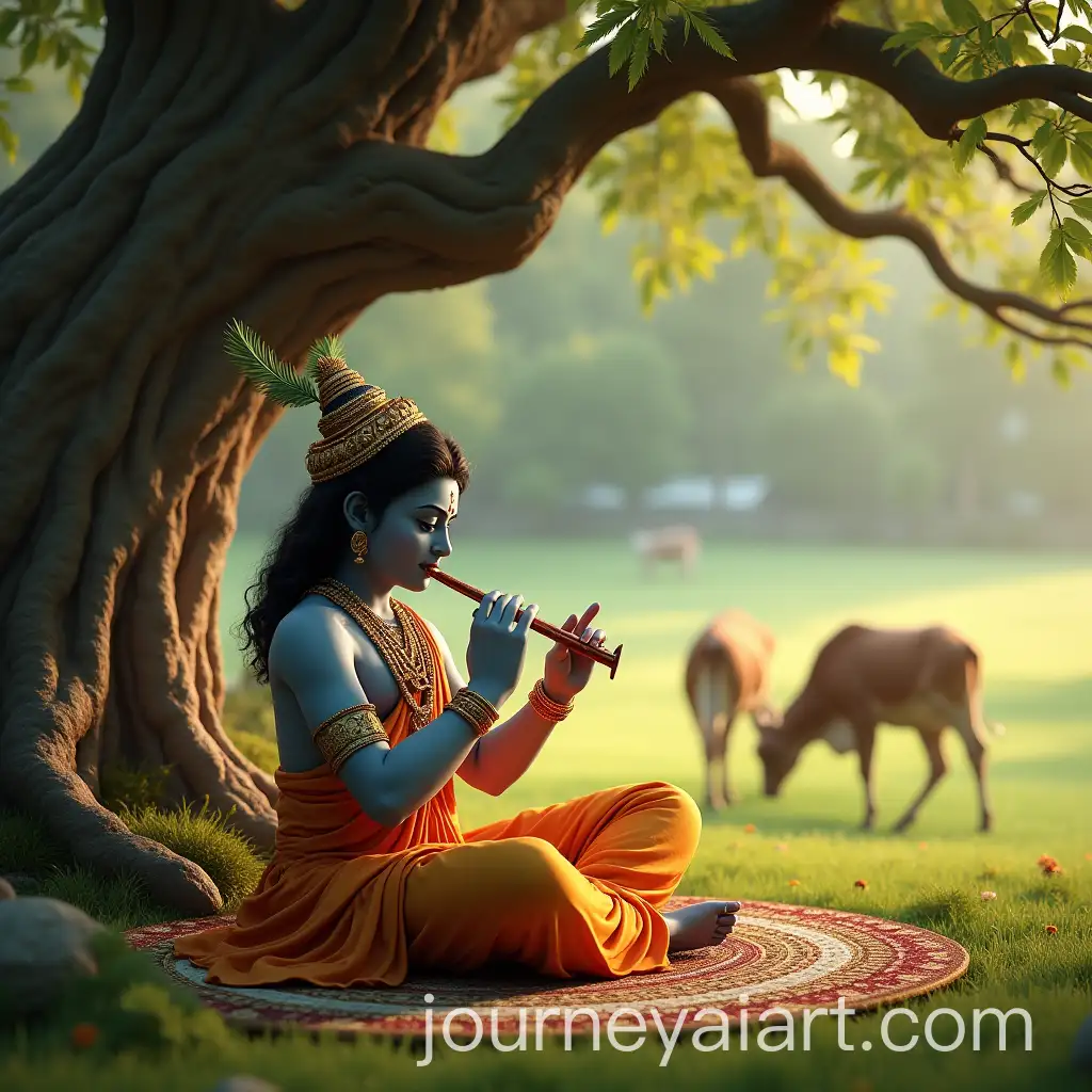 Lord-Krishna-Playing-Flute-Under-Sacred-Tree-with-Grazing-Cows