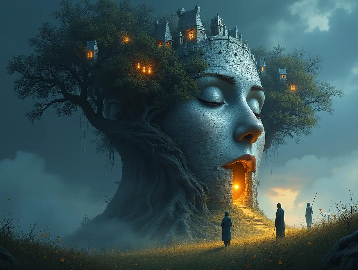 Creating a digital painting of a face with hair transforming into a building with silver stones and Illuminated trees with roots and lantern and alien beings on a meadow