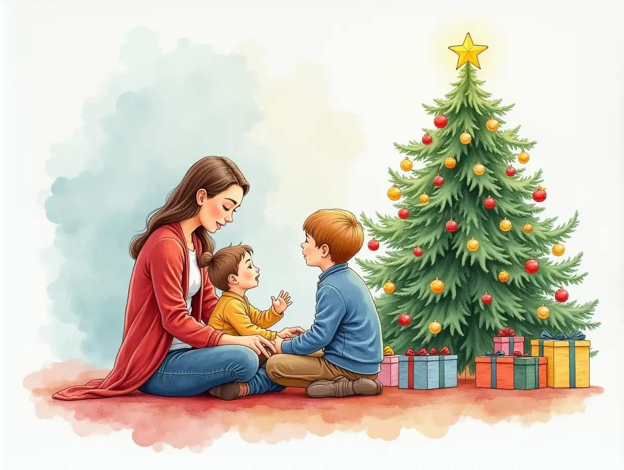Family-Sitting-Near-Christmas-Tree-in-Watercolor-Style
