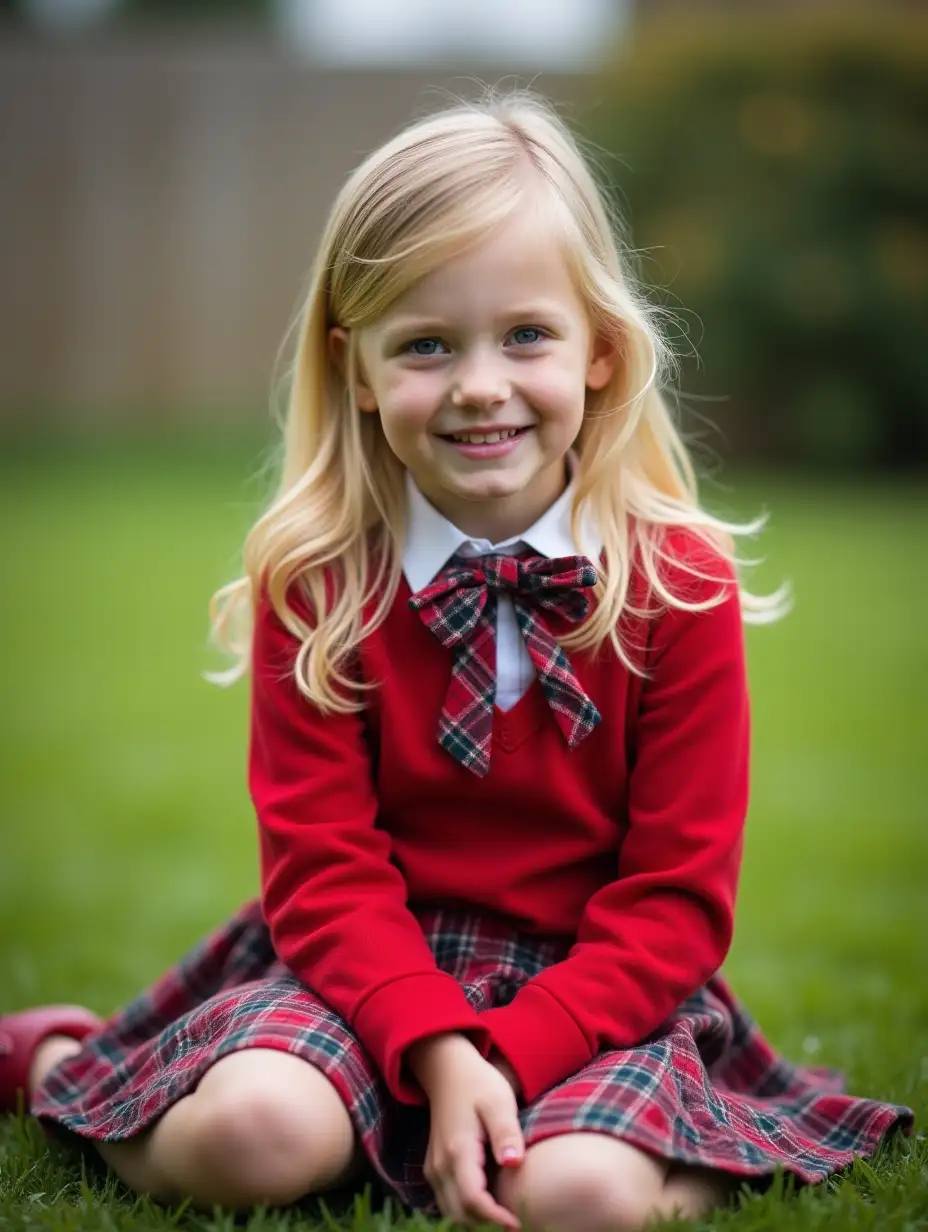 nine year old blonde girl in red plaid school uniform sitting on lawn