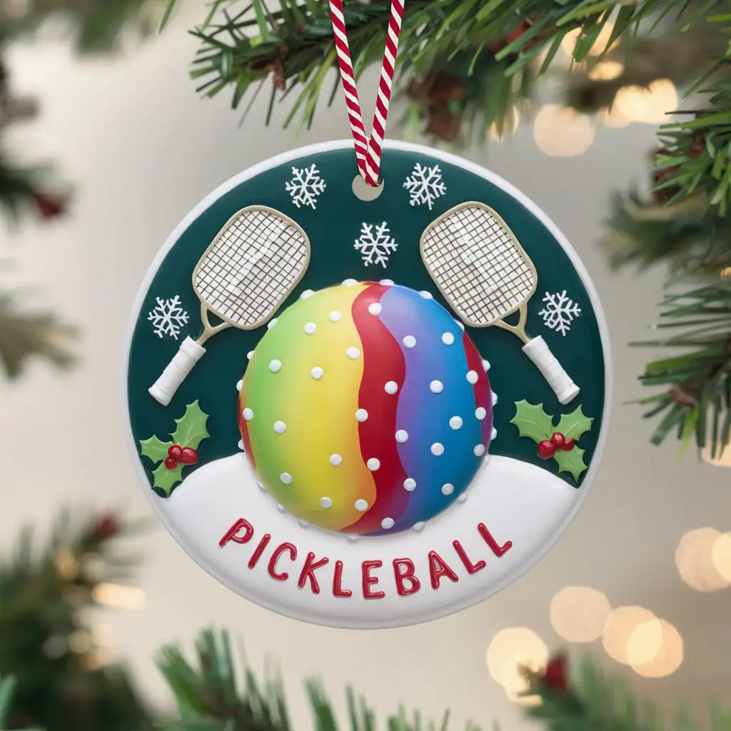 Christmas Ornament with Pickleball Theme and Ball Rackets