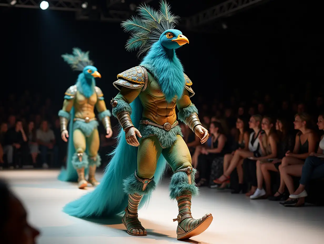 Ki-Fantasy, a mix of man-, Ogre and Peacock head design with beautiful shoes at a fashion show