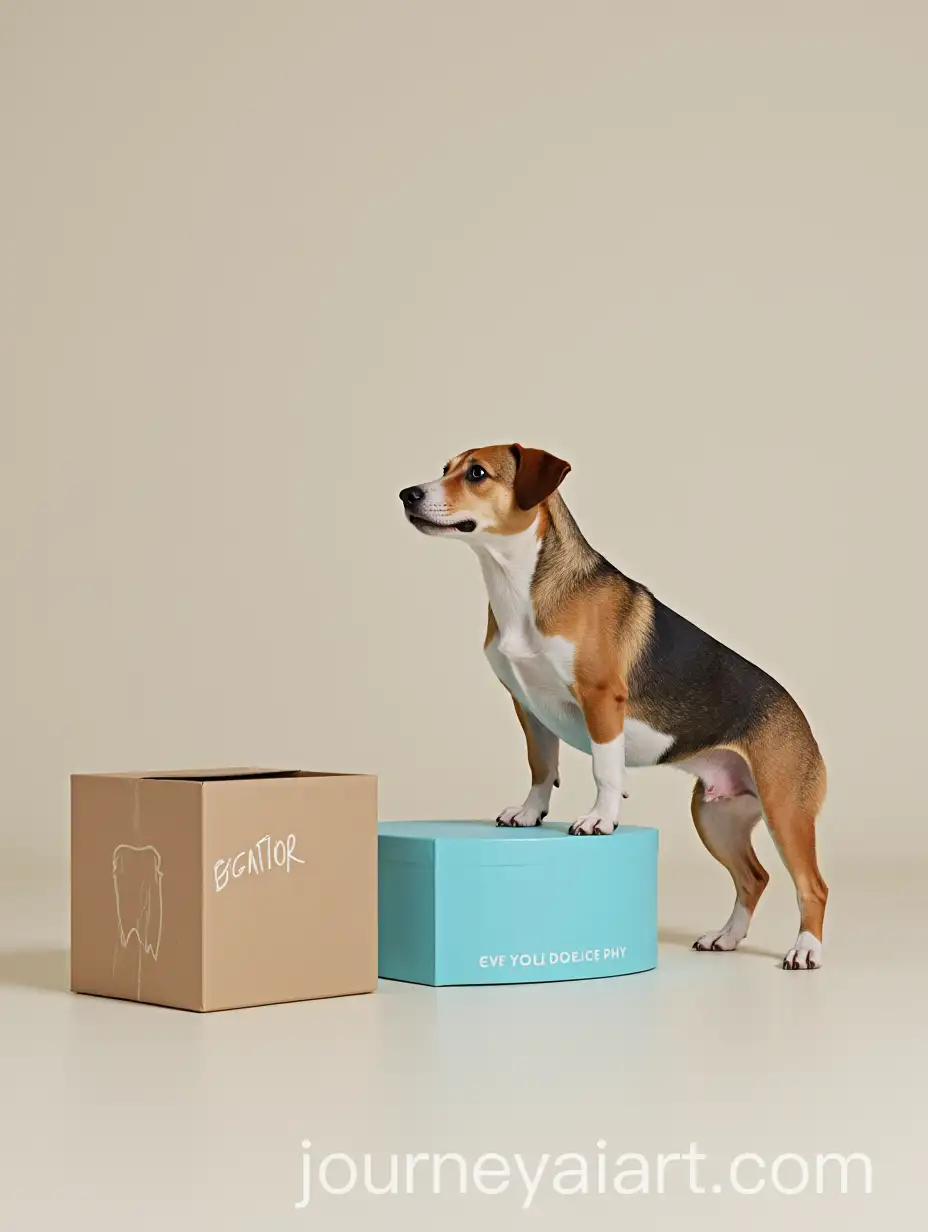 Dog-Standing-Beside-a-Blue-Box-with-Label
