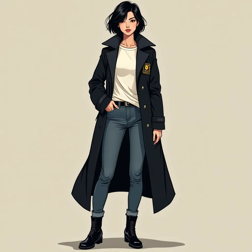 An illustration of Sarah Chan, a female detective of Asian descent, in the style of European comic books. She has short dark hair, wears a long black coat with no badge, a simple t-shirt, jeans, and black boots. The focus is on the character, with clean lines and detailed features typical of European comic art.