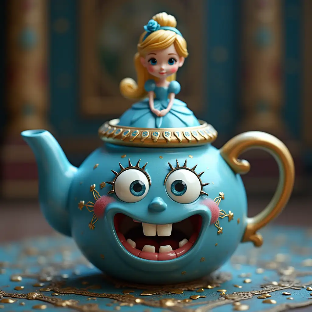 Cinderella in a palace with teapot with eyes mouth nose,teeth with eyes mouth nose