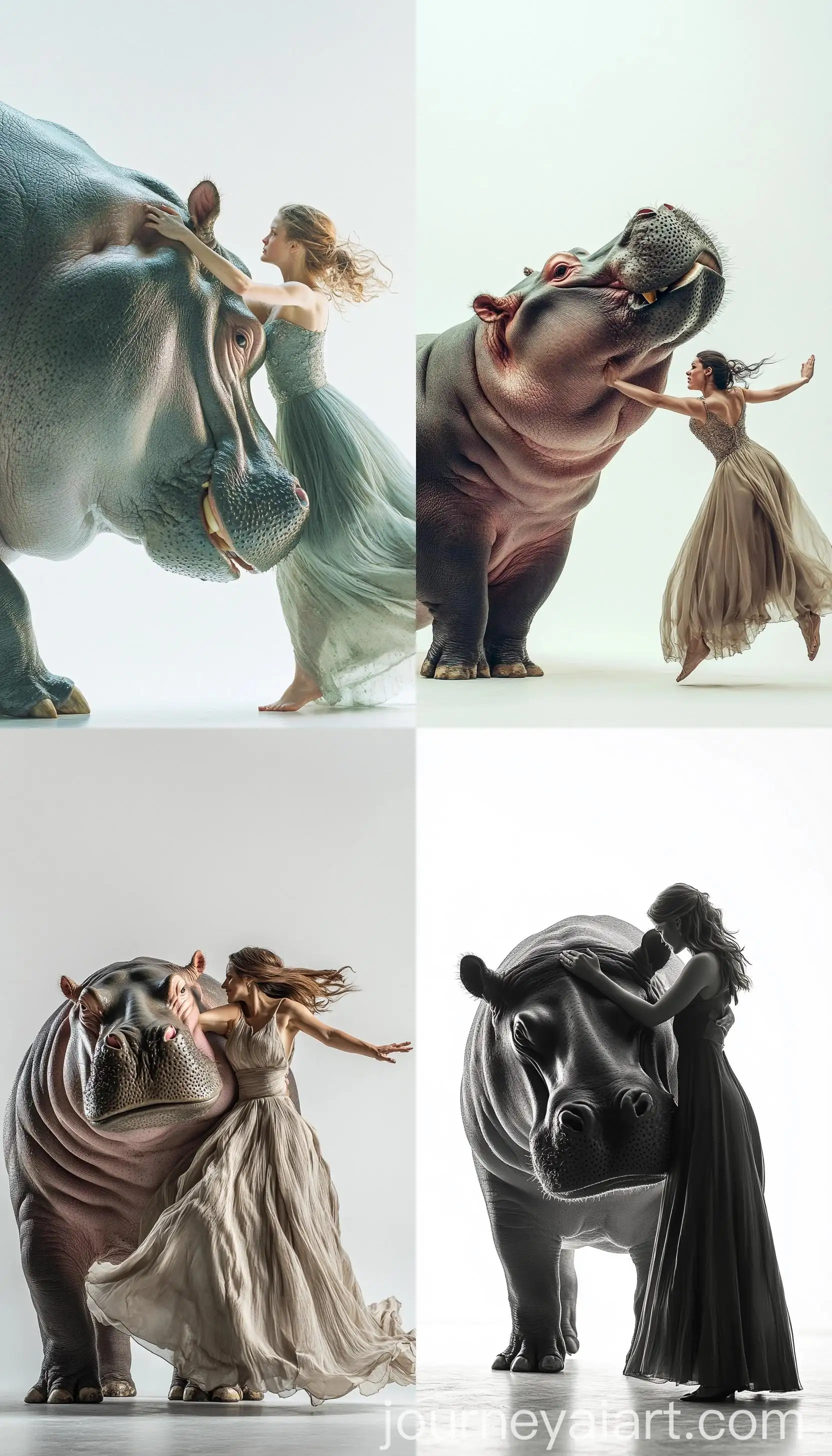 Woman-in-Long-Dress-Jumping-with-Hippopotamus-Magazine-Cover-Art