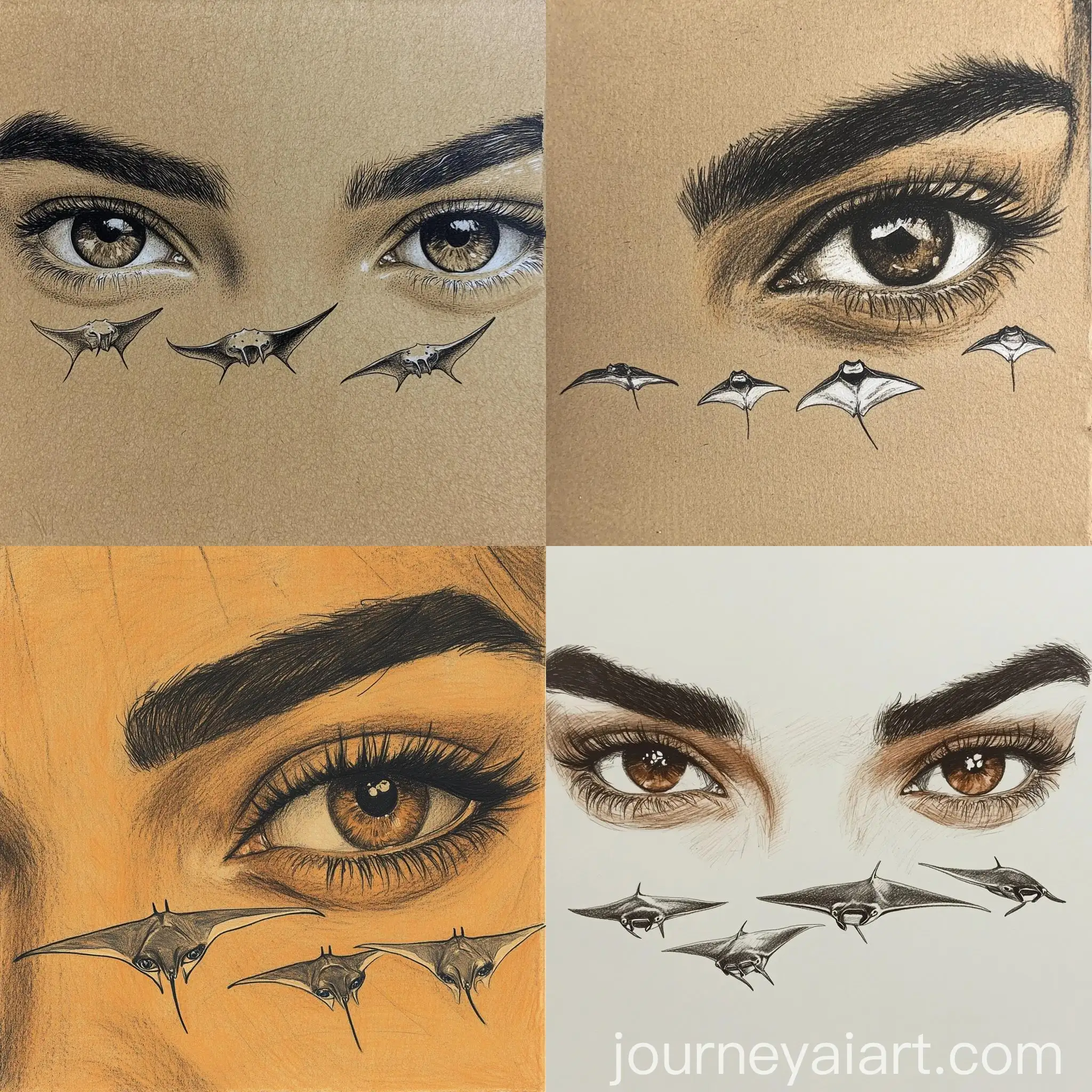 Indie-Art-Drawing-of-Brown-Girls-Eyes-with-Swimming-Manta-Rays