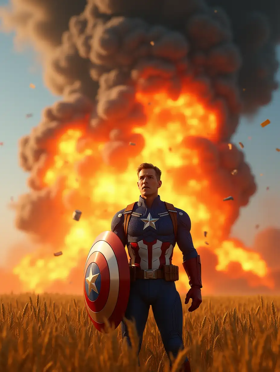 A highly detailed 3D-rendered digital artwork of Captain America standing in a vast golden wheat field, his face showing shock and disbelief as he watches a massive explosion unfolding behind him. He is wearing his classic blue suit with a white star on his chest, red gloves, and a brown utility belt. His iconic shield is strapped to his back, reflecting the fiery glow of the blast. The explosion is bright with orange and yellow flames, thick black smoke, and flying debris. Captain America stands frozen, his posture tense and his eyes wide with surprise, his shield slightly raised in front of him as if he’s preparing to defend against the blast. The wheat field sways from the shockwave, and the sky is illuminated by the intense glow of the explosion. The lighting is cinematic, with realistic fire reflections, dynamic shadows, and motion captured in the debris and dust in the air. Captain America’s expression is one of shock and concern as he witnesses the fiery chaos.