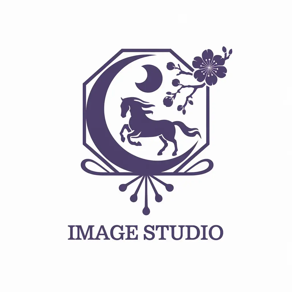 LOGO-Design-For-Image-Studio-Horse-Moon-and-Plum-Blossom-Vector-Logo