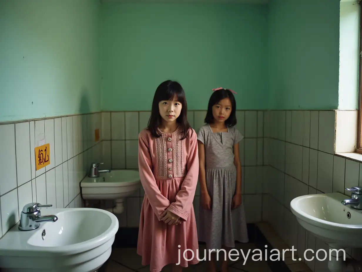 Three-Chinese-Girls-Hanging-Out-in-a-School-Bathroom-with-Tiled-Trench
