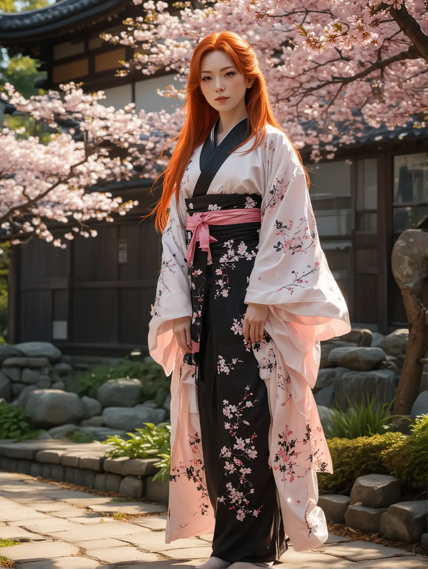 Flowing long red hair, mature, ample chest, dressed in a black-and-white shinigami long kimono with a contrasting white sash, a graceful pink long sash cascading over the shoulder, firmly gripping a gleaming katana, white socks, traditional straw sandals, exuding an alluring stance, japanese garden backdrop with sakura flower scatered,bleach anime inspired, hyper-realistic, vibrant colors, dynamic pose, dramatic lighting casting strong shadows, high-resolution, Artstation.