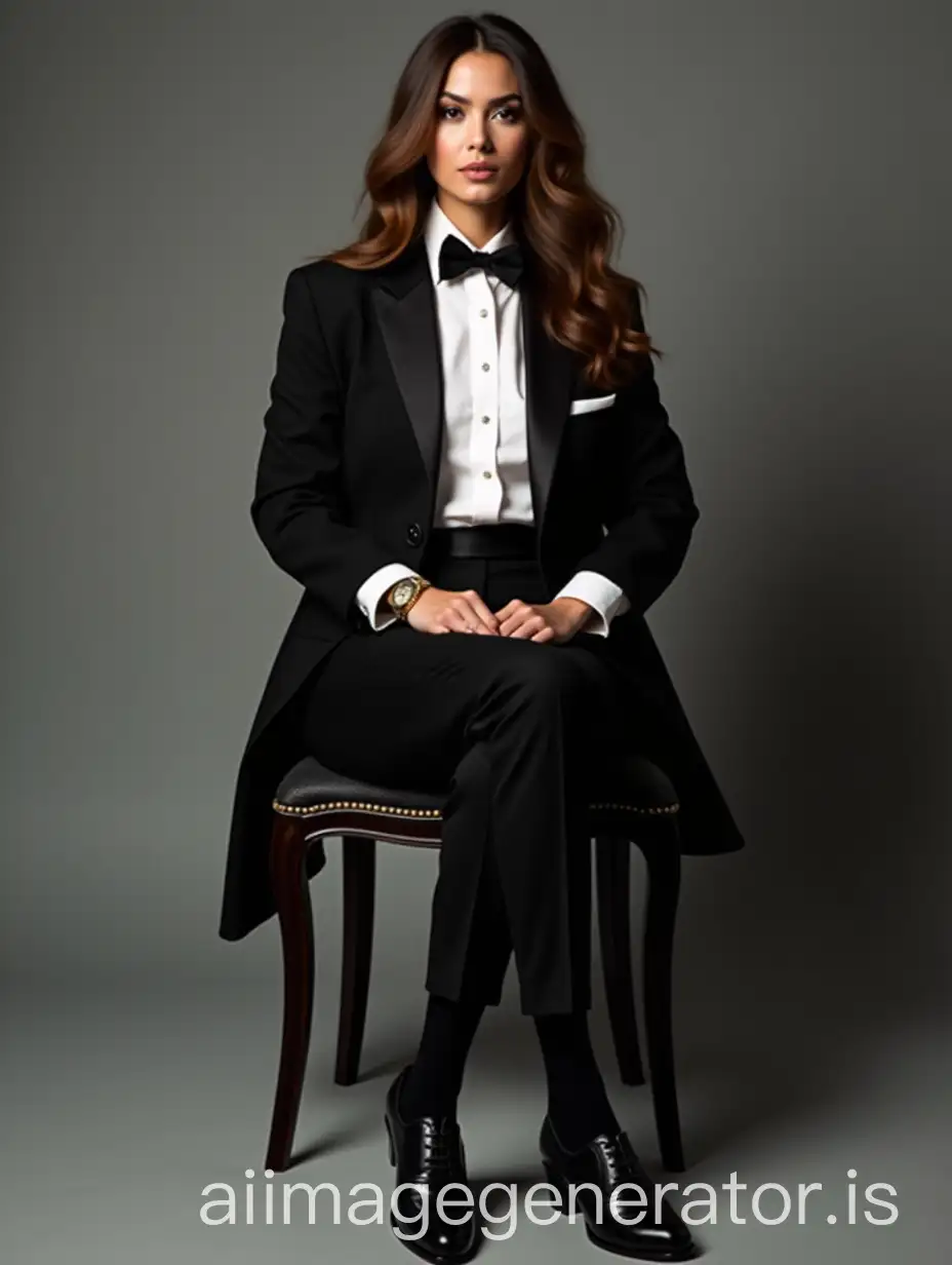 Elegant-Female-Italian-Actress-in-Mens-Tuxedo-with-Wingtip-Shoes