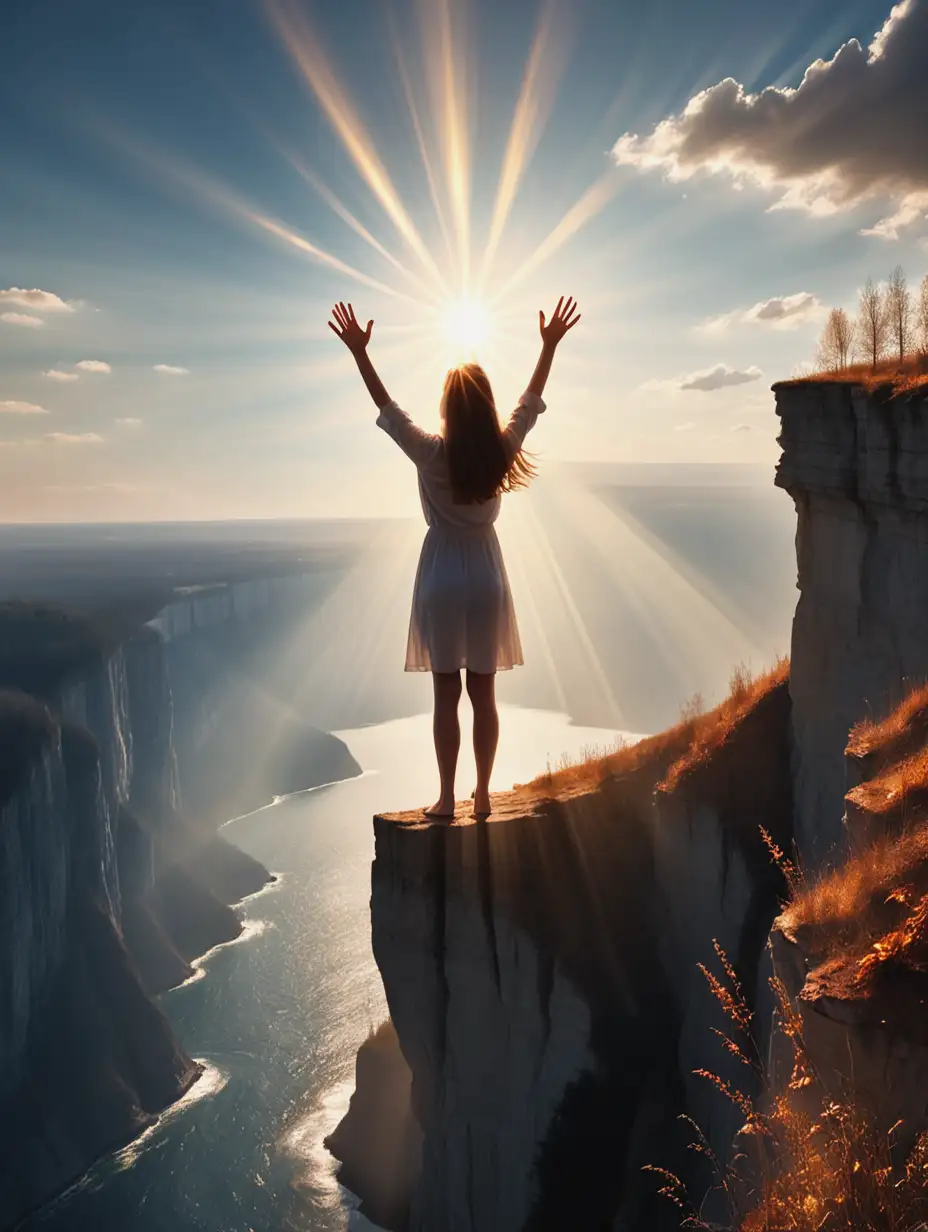 Woman-Standing-on-Cliff-Edge-Reaches-for-Sunbeams