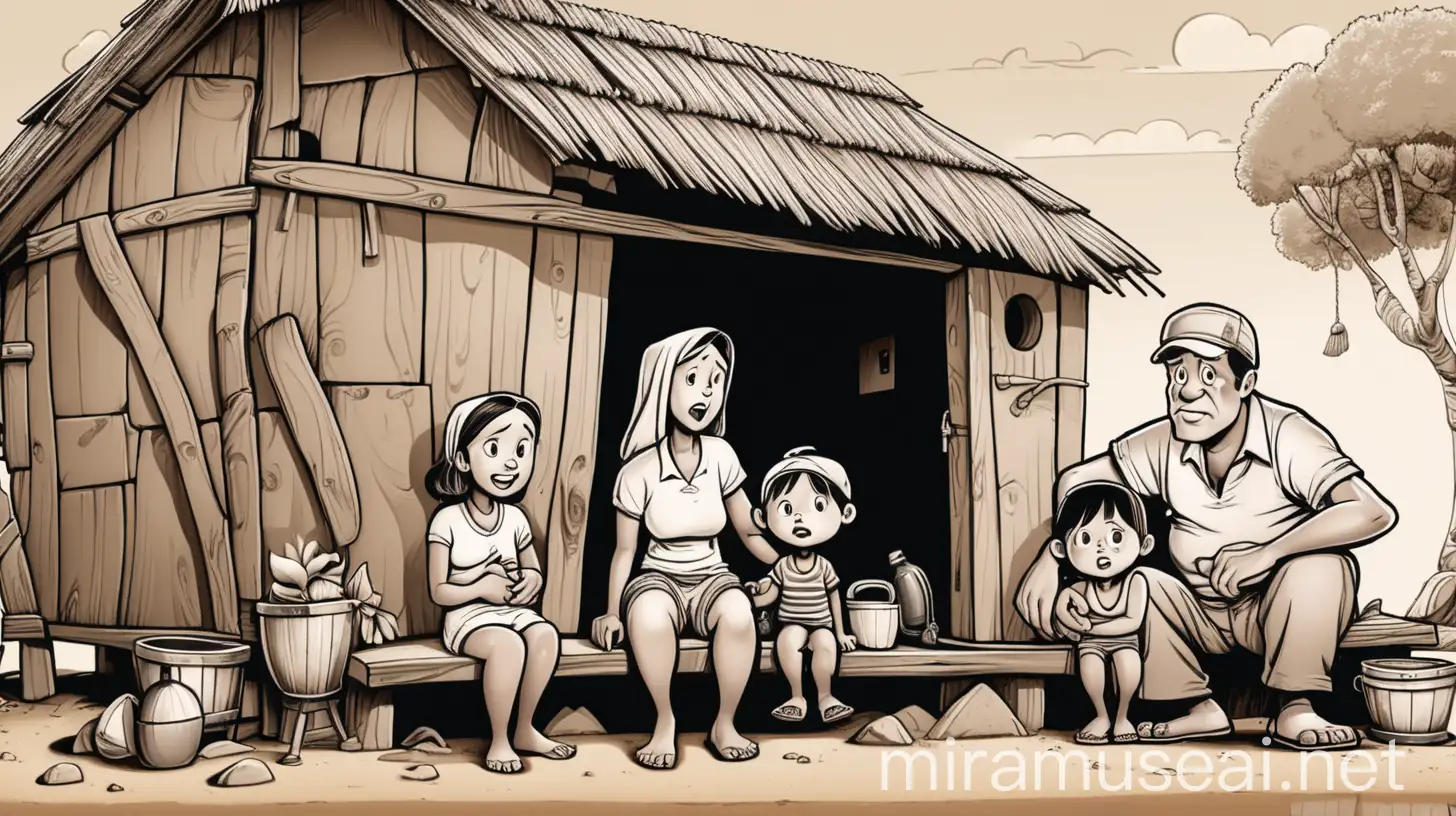 Cartoon Family in a Cozy Hut A Heartwarming Image