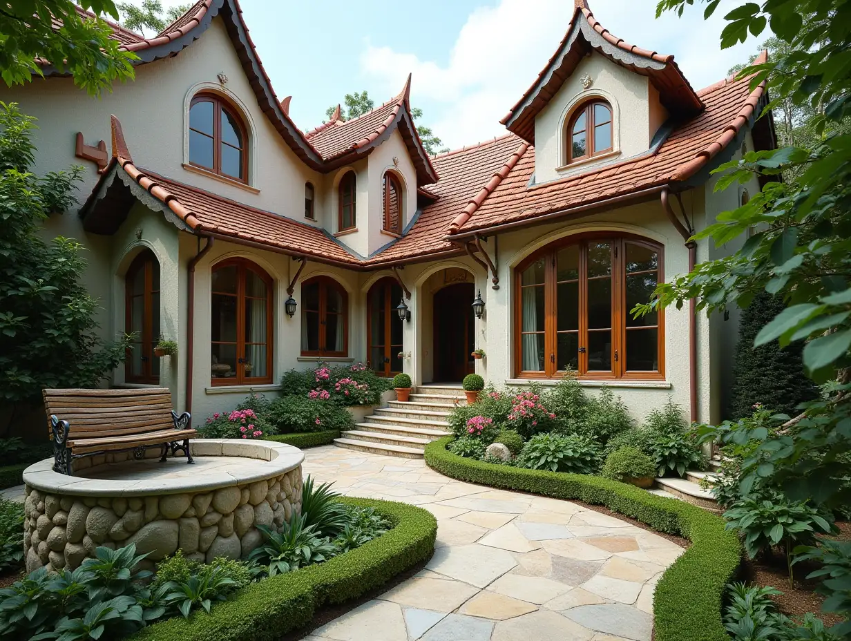 crooked house garden planting-with stucco in the form of plant ornament, large windows with glass closed, curved, smooth window shapes, winding big entrance steps made of marble complex curved roof with dike,Lanterns,bench apple tree 4K resolution colorful superwide-angle shots