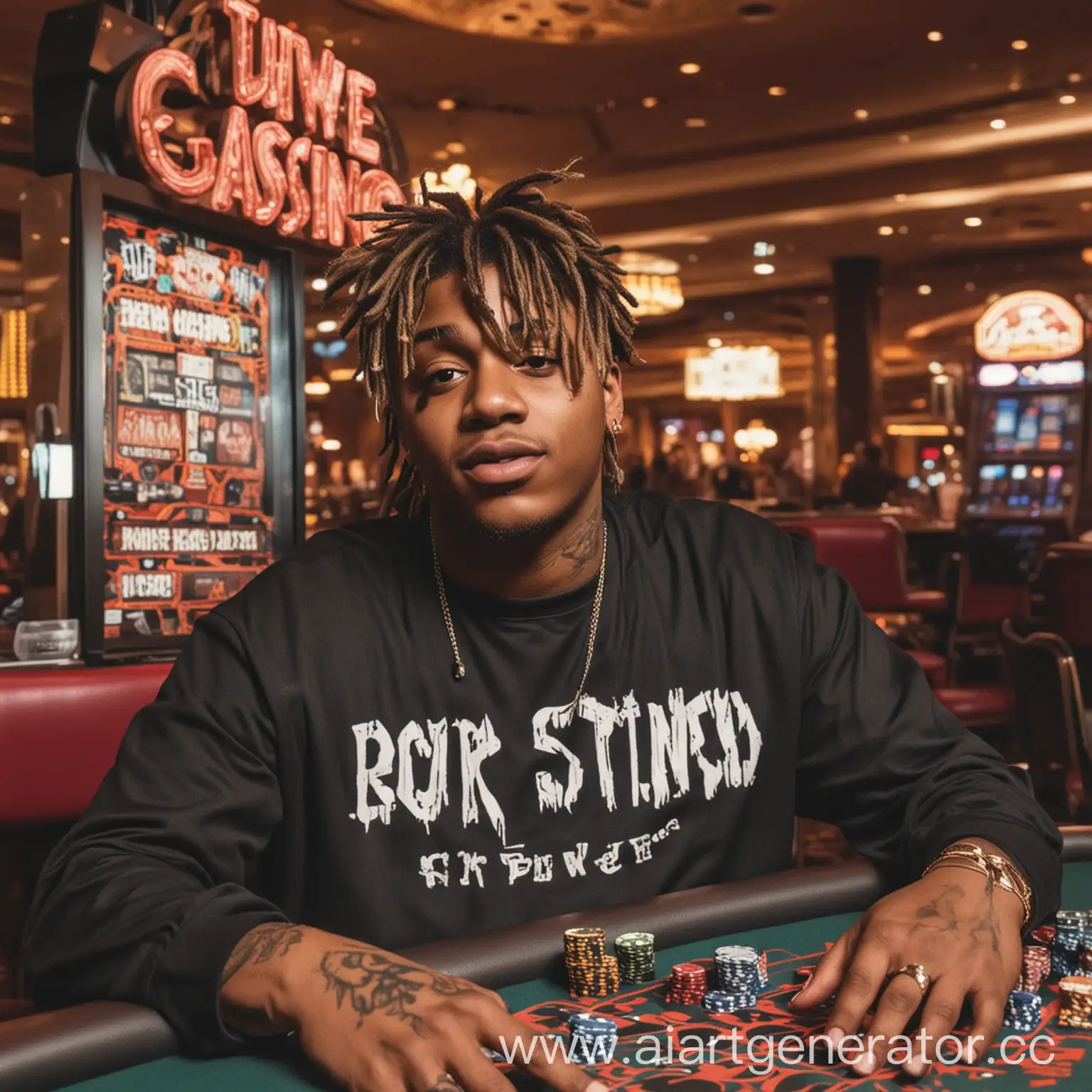 певец Juice WRLD, в казино, с надписью ROCK HELL