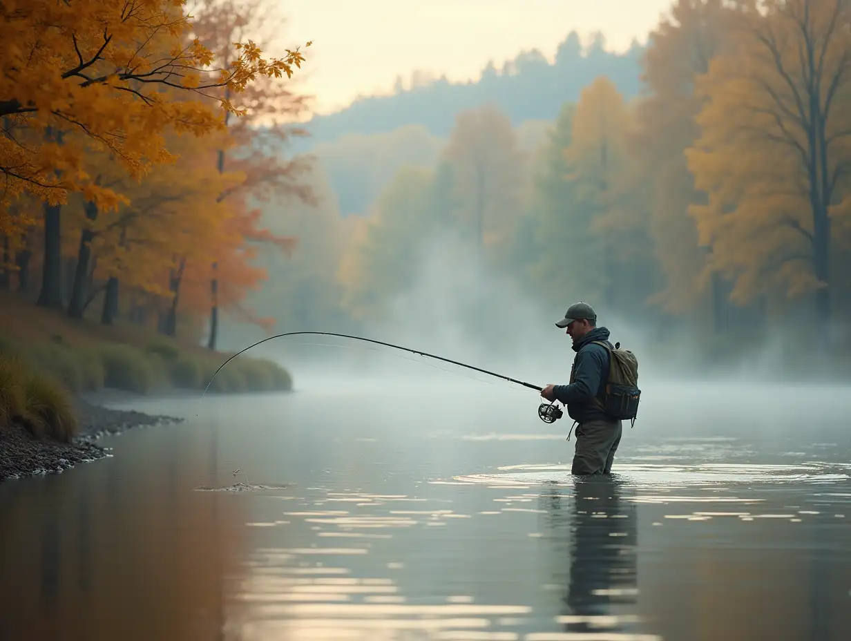 Photorealistic scene. Fisherman catches a fish. He stands in the water of river. General atmosphere is beautiful autumn with ref and yellow colors. There’s a fog in behind in the fai