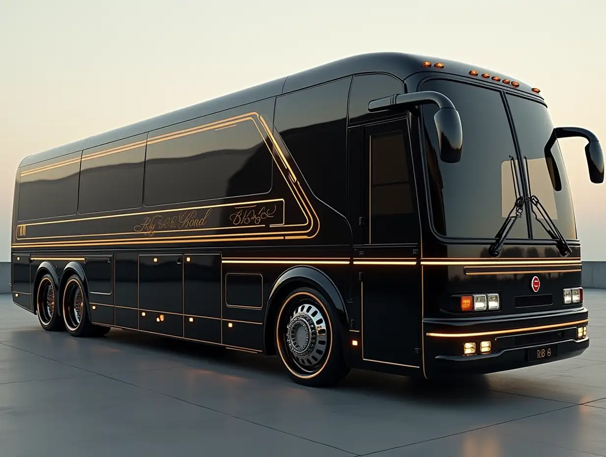 A supermodern utopian sports bus black with sport trim, golden stripes on the side with gears, a lowered body, 18-inch rims, aluminum wheels, cream silver black cyberpunk.