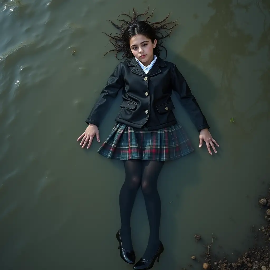 A schoolgirl in a school uniform, with a skirt, jacket, blouse, dark tights, high-heeled shoes. Swims in a dirty pond, clothes are completely wet, no dry spots on the clothes, under water, lying completely in the water, wet clothes stick to the body, immersed in water.