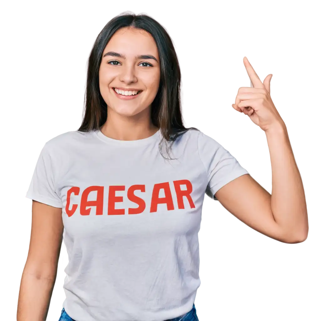 Girl-Smiling-in-Tshirt-with-Caesar-IT-Inscription-HighQuality-PNG-Image-for-Versatile-Use