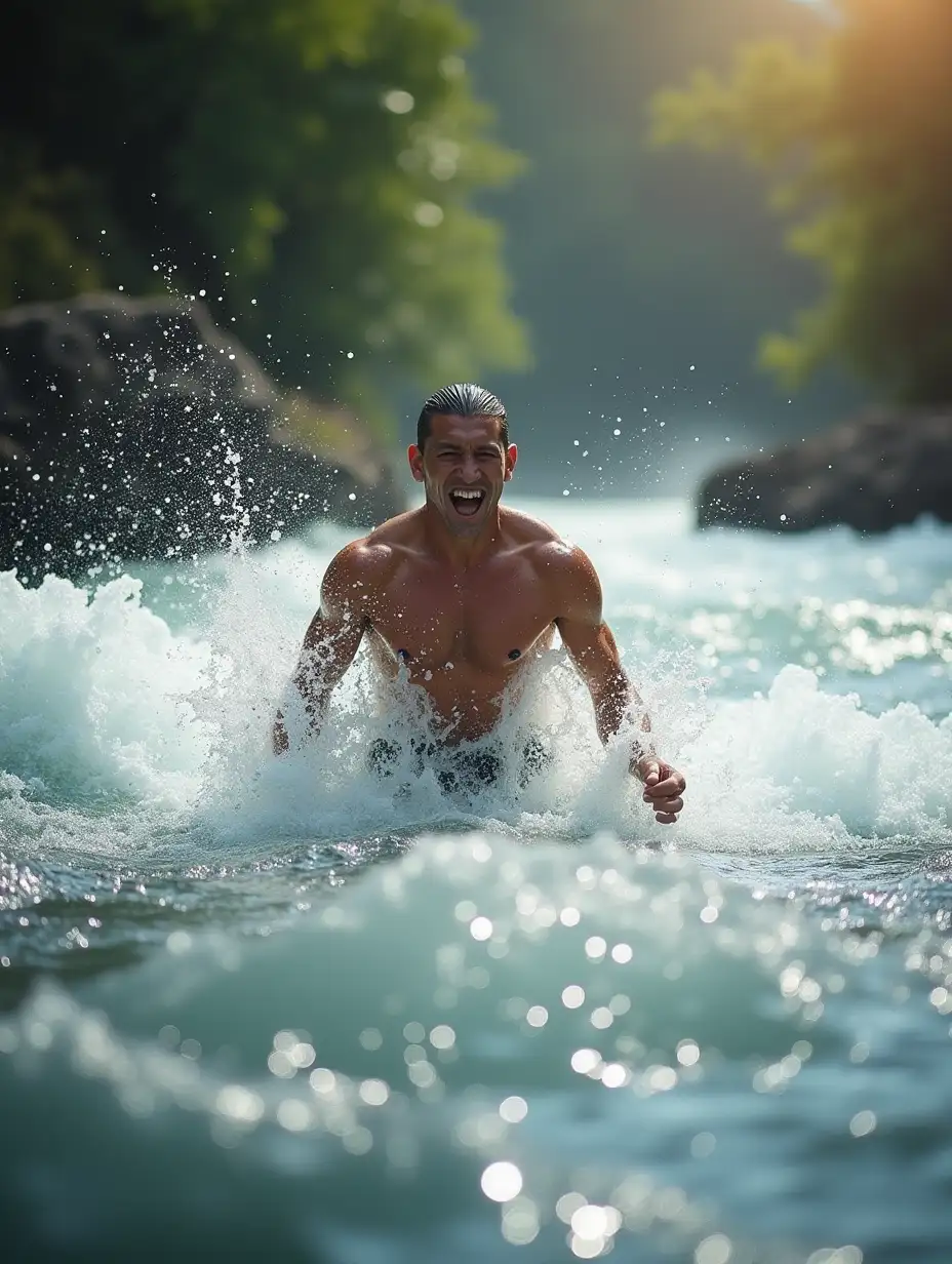 A swimmer emerging from a raging river with an expression of triumph. Around him, the water shines with sunlight, symbolizing the clarity that emerges when overcoming internal obstacles