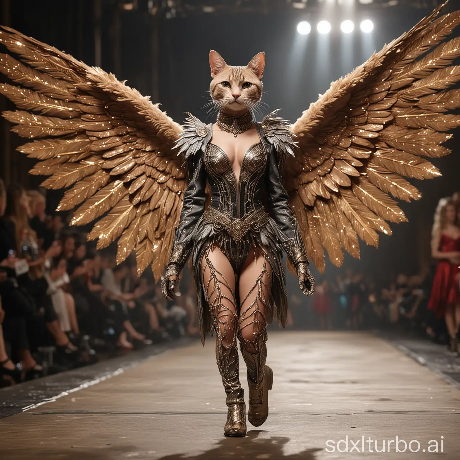 A grand entrance on the runway at a cat-themed fashion show, featuring an anthropomorphic cat model. This scene showcases the first cat model striding confidently down the runway. She is wearing an extravagant, glittering outfit and majestic wings that sparkle under the runway lights. The model's attire is a blend of high fashion and fantasy, making a bold statement. Her expression is confident and poised. The image should capture the glamour and elegance of the moment, with a focus on the intricate details of her outfit and wings. This image is vertical, optimized for mobile viewing, with a shallow depth of field focusing on the model.